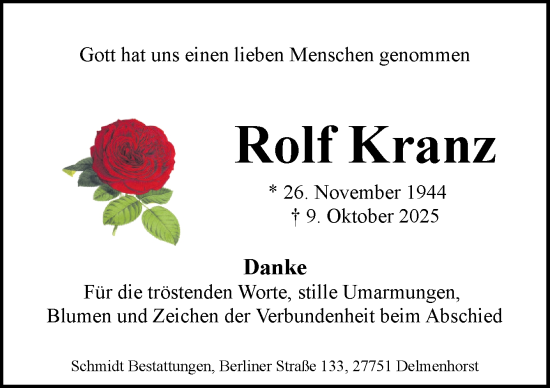Traueranzeige von Rolf Kranz von DK Medien GmbH & Co. KG