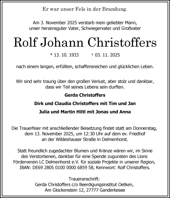Traueranzeige von Rolf Johann Christoffers von DK Medien GmbH & Co. KG