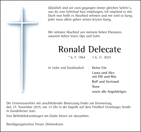 Traueranzeige von Ronald Delecate von DK Medien GmbH & Co. KG