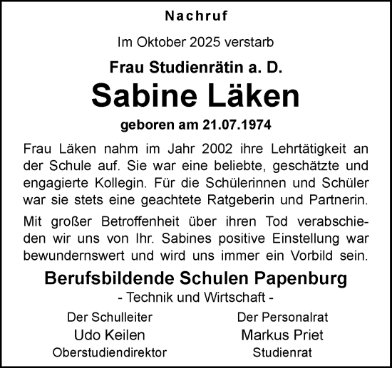 Traueranzeige von Sabine Läken von Neue Osnabrücker Zeitung GmbH & Co. KG