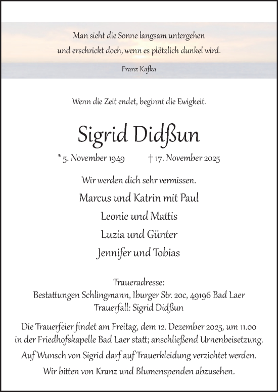 Traueranzeige von Sigrid Didßun von Neue Osnabrücker Zeitung GmbH & Co. KG