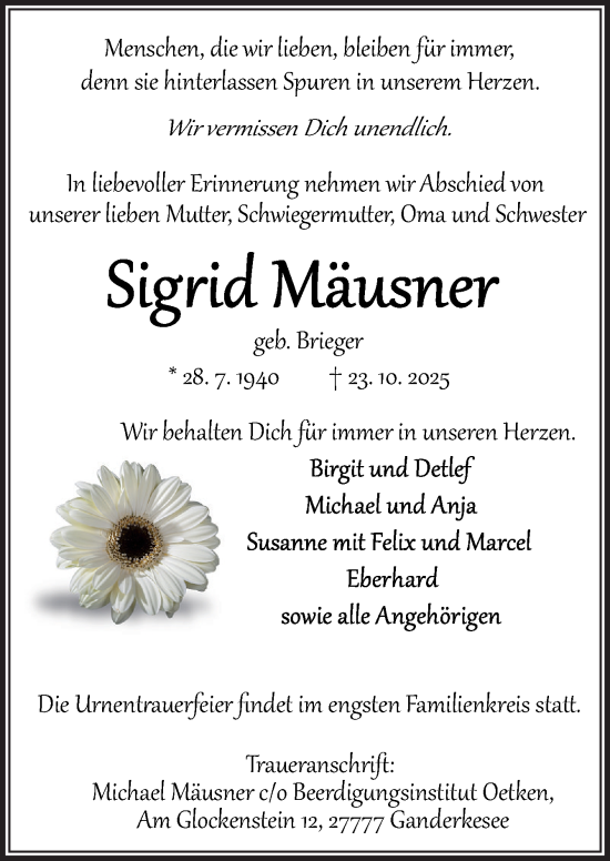 Traueranzeige von Sigrid Mäusner von DK Medien GmbH & Co. KG