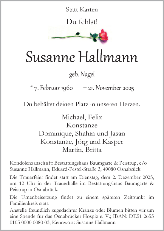 Traueranzeige von Susanne Hallmann von Neue Osnabrücker Zeitung GmbH & Co. KG