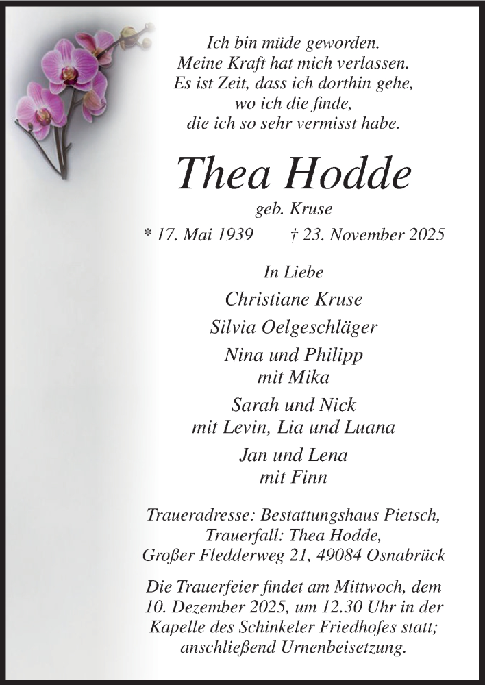  Traueranzeige für Thea Hodde vom 29.11.2025 aus Neue Osnabrücker Zeitung GmbH & Co. KG