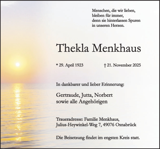 Traueranzeige von Thekla Menkhaus von Neue Osnabrücker Zeitung GmbH & Co. KG