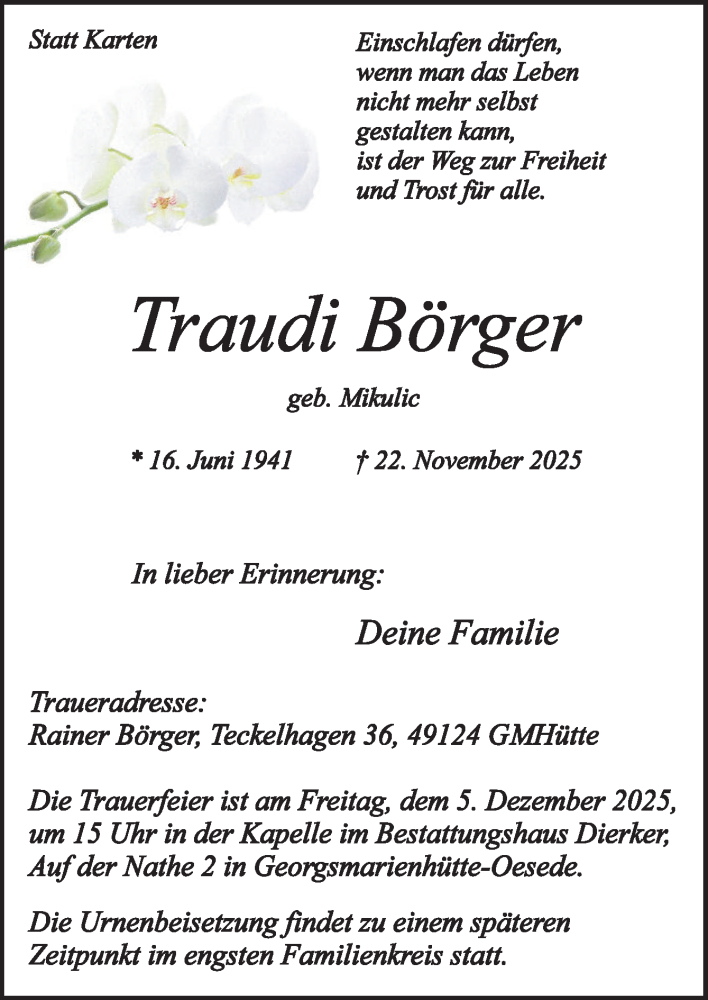  Traueranzeige für Traudi Börger vom 29.11.2025 aus Neue Osnabrücker Zeitung GmbH & Co. KG