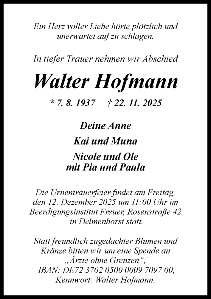  Traueranzeige für Walter Hofmann vom 29.11.2025 aus DK Medien GmbH & Co. KG
