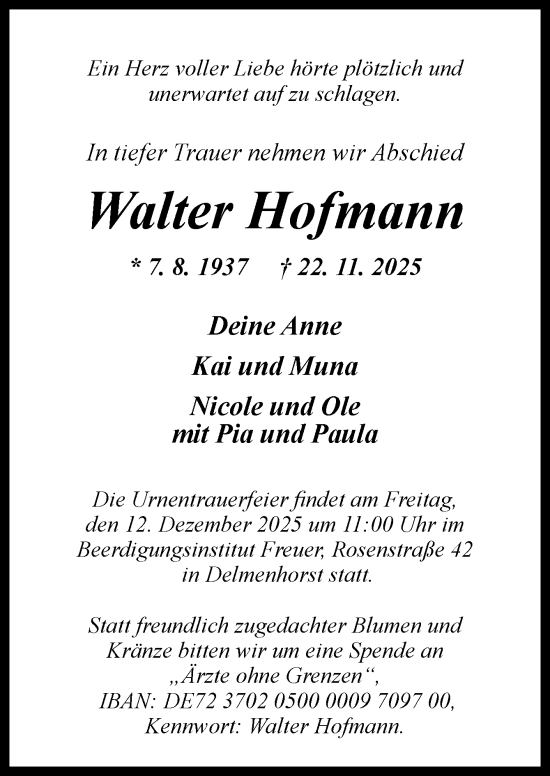 Traueranzeige von Walter Hofmann von DK Medien GmbH & Co. KG