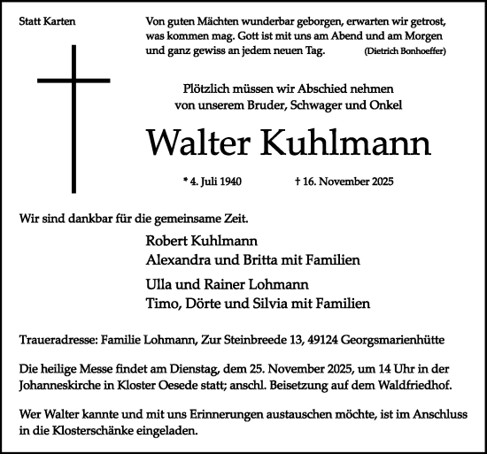 Traueranzeige von Walter Kuhlmann von Neue Osnabrücker Zeitung GmbH & Co. KG