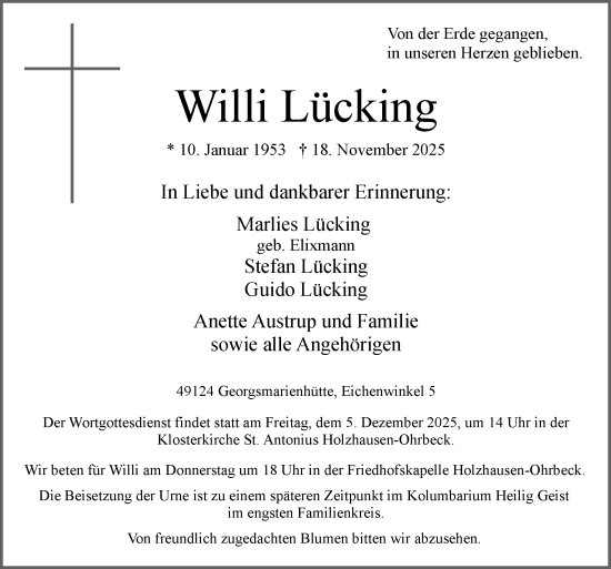 Traueranzeige von Willi Lücking von Neue Osnabrücker Zeitung GmbH & Co. KG