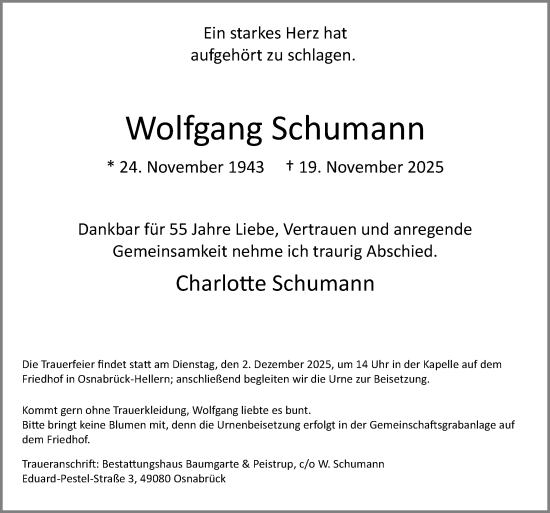 Traueranzeige von Wolfgang Schumann von Neue Osnabrücker Zeitung GmbH & Co. KG