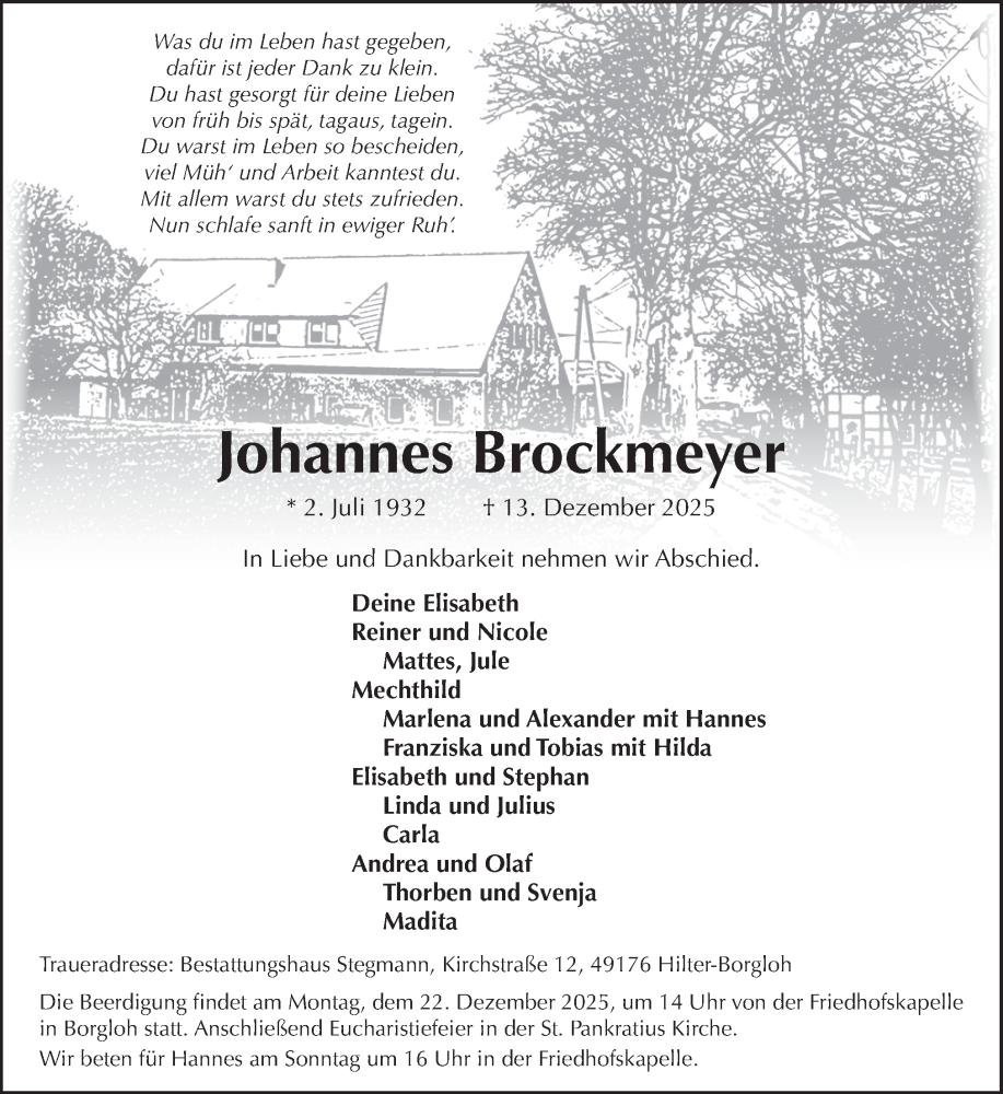  Traueranzeige für Johannes Brockmeyer vom 20.12.2025 aus Neue Osnabrücker Zeitung GmbH & Co. KG