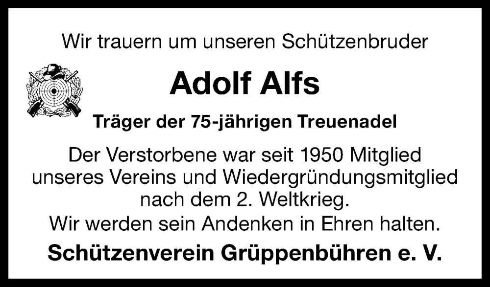  Traueranzeige für Adolf Alfs vom 06.12.2025 aus DK Medien GmbH & Co. KG