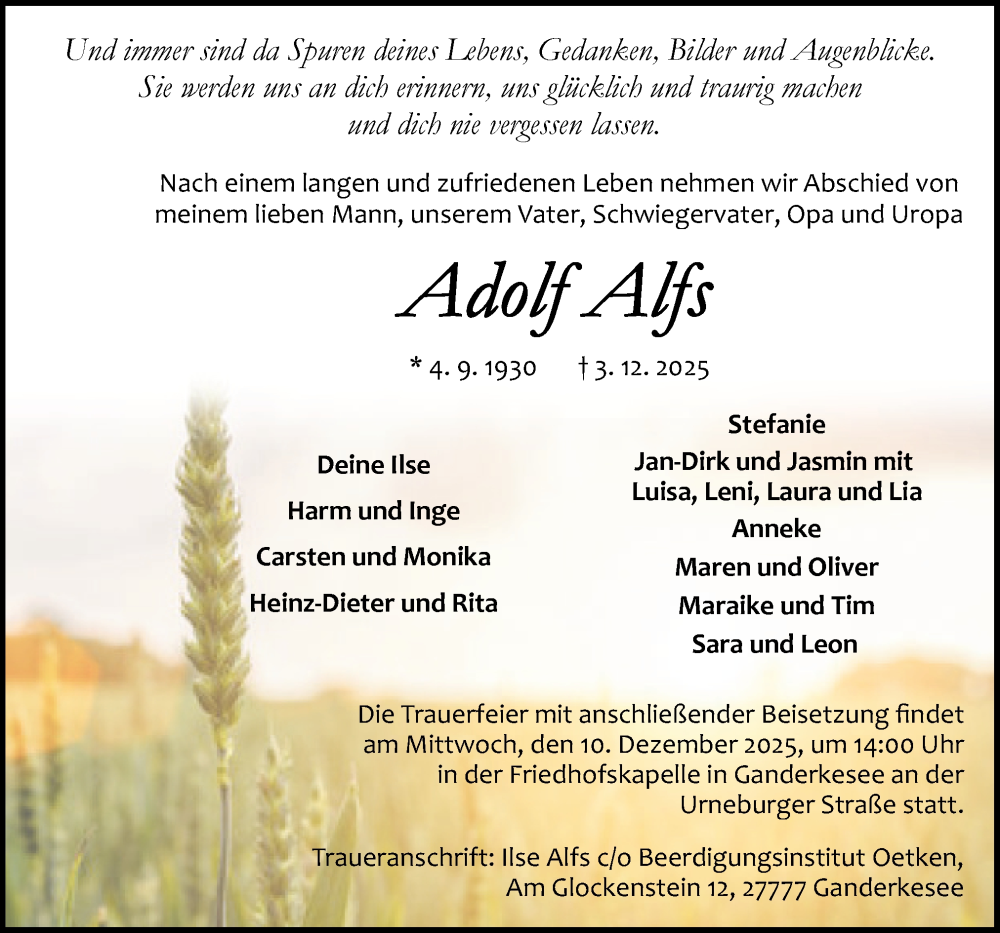  Traueranzeige für Adolf Alfs vom 06.12.2025 aus DK Medien GmbH & Co. KG