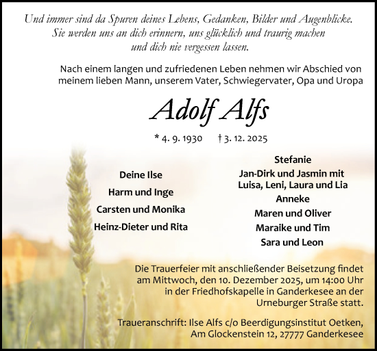 Traueranzeige von Adolf Alfs von DK Medien GmbH & Co. KG