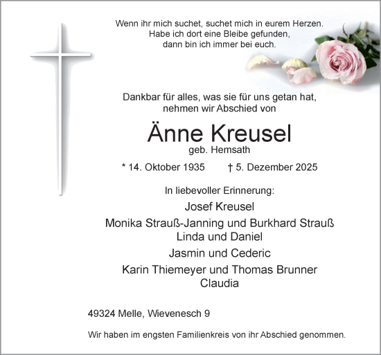 Traueranzeige von Änne Kreusel von Neue Osnabrücker Zeitung GmbH & Co. KG