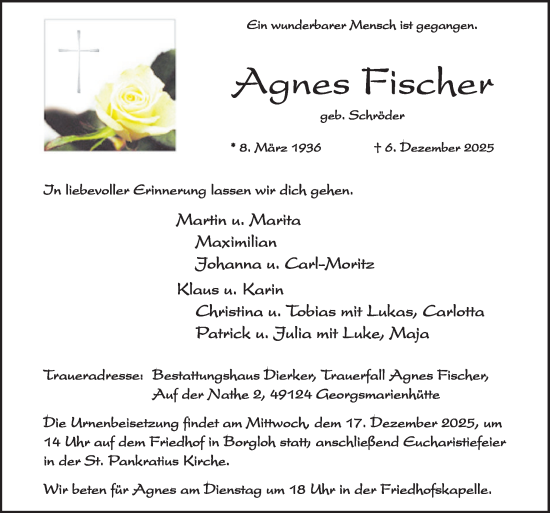 Traueranzeige von Agnes Fischer von Neue Osnabrücker Zeitung GmbH & Co. KG