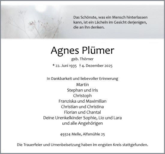 Traueranzeige von Agnes Plümer von Neue Osnabrücker Zeitung GmbH & Co. KG