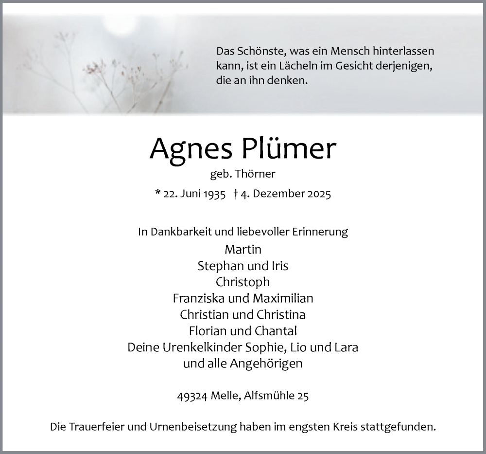  Traueranzeige für Agnes Plümer vom 20.12.2025 aus Neue Osnabrücker Zeitung GmbH & Co. KG