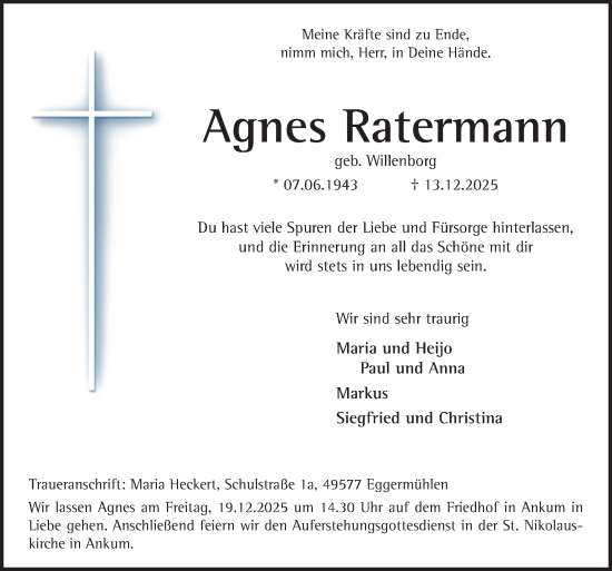Traueranzeige von Agnes Ratermann von Neue Osnabrücker Zeitung GmbH & Co. KG