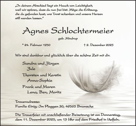 Traueranzeige von Agnes Schlochtermeier von Neue Osnabrücker Zeitung GmbH & Co. KG