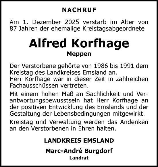 Traueranzeige von Alfred Korfhage von Neue Osnabrücker Zeitung GmbH & Co. KG