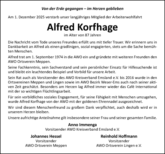 Traueranzeige von Alfred Korfhage von Neue Osnabrücker Zeitung GmbH & Co. KG