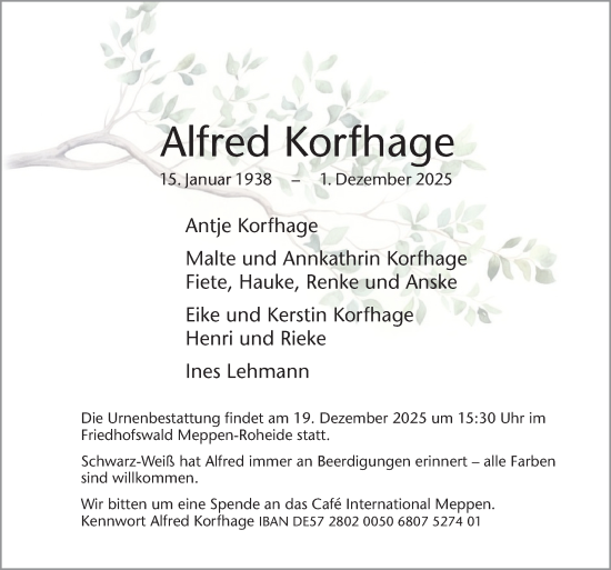 Traueranzeige von Alfred Korfhage von Neue Osnabrücker Zeitung GmbH & Co. KG