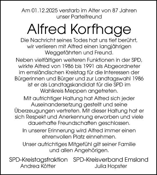 Traueranzeige von Alfred Korfhage von Neue Osnabrücker Zeitung GmbH & Co. KG