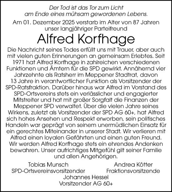 Traueranzeige von Alfred Korfhage von Neue Osnabrücker Zeitung GmbH & Co. KG
