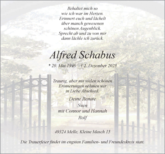 Traueranzeige von Alfred Schabus von Neue Osnabrücker Zeitung GmbH & Co. KG