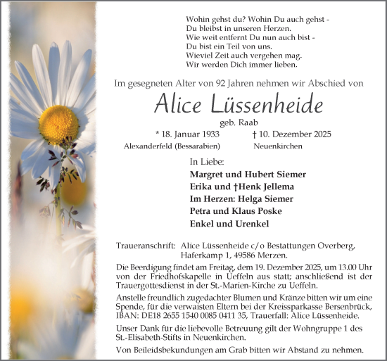 Traueranzeige von Alice Lüssenheide von Neue Osnabrücker Zeitung GmbH & Co. KG