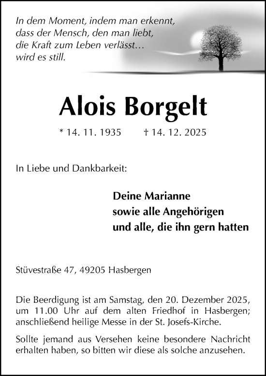 Traueranzeige von Alois Borgelt von Neue Osnabrücker Zeitung GmbH & Co. KG