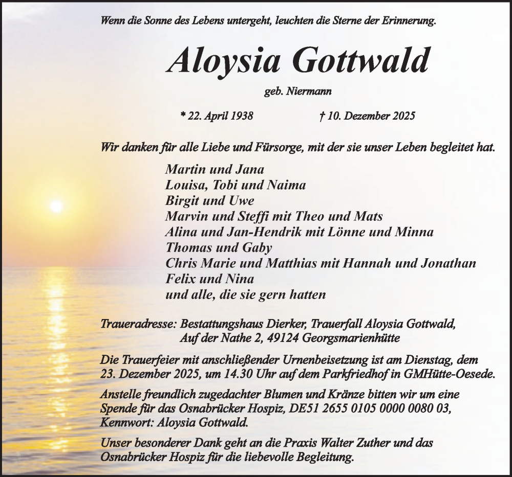  Traueranzeige für Aloysia Gottwald vom 20.12.2025 aus Neue Osnabrücker Zeitung GmbH & Co. KG