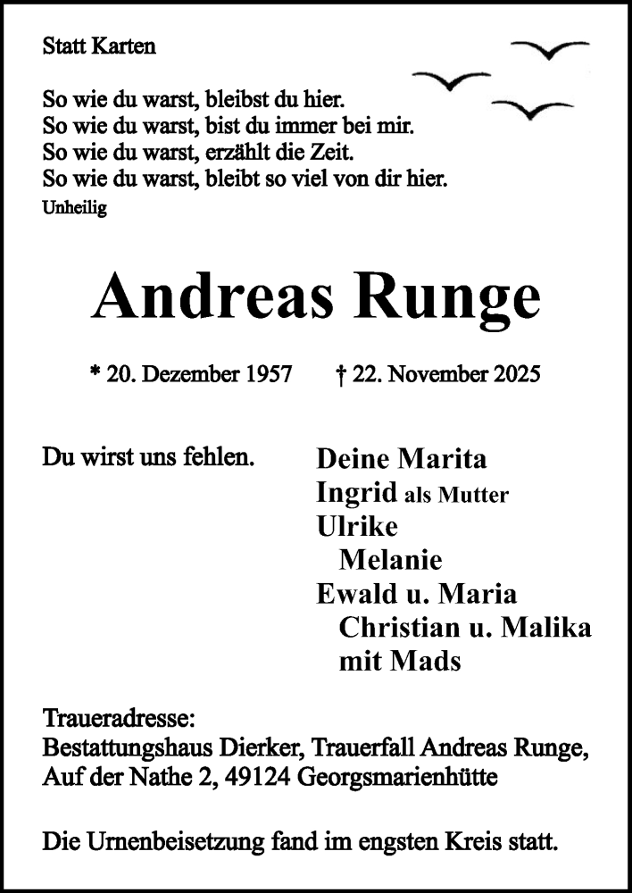  Traueranzeige für Andreas Runge vom 06.12.2025 aus Neue Osnabrücker Zeitung GmbH & Co. KG