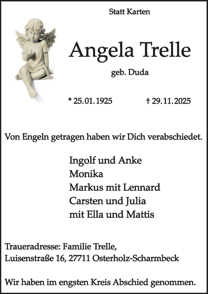  Traueranzeige für Angela Trelle vom 27.12.2025 aus Neue Osnabrücker Zeitung GmbH & Co. KG