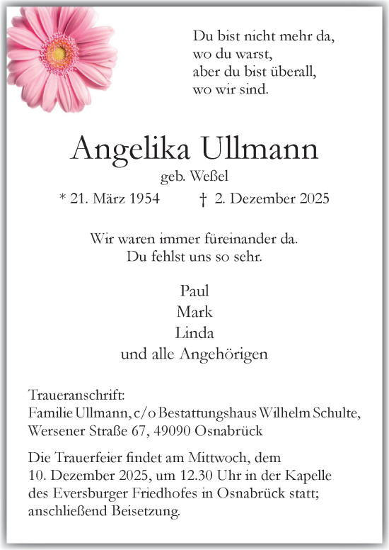 Traueranzeige von Angelika Ullmann von Neue Osnabrücker Zeitung GmbH & Co. KG