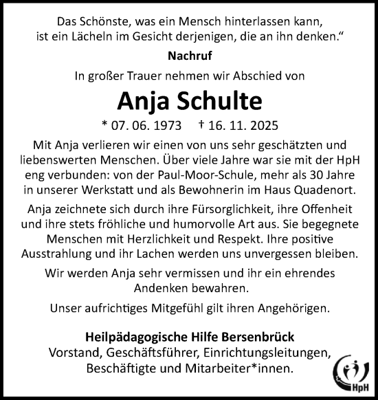 Traueranzeige von Anja Schulte von Neue Osnabrücker Zeitung GmbH & Co. KG