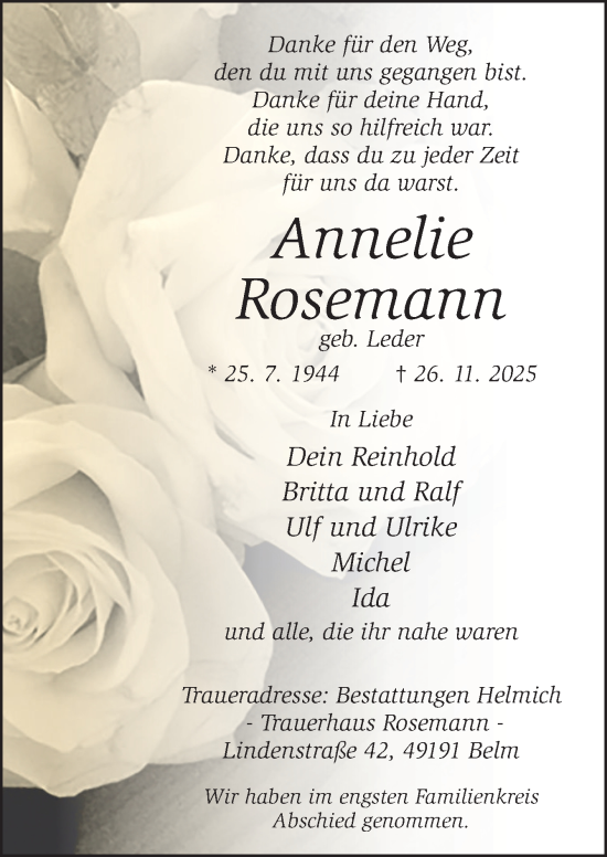 Traueranzeige von Annelie Rosemann von Neue Osnabrücker Zeitung GmbH & Co. KG