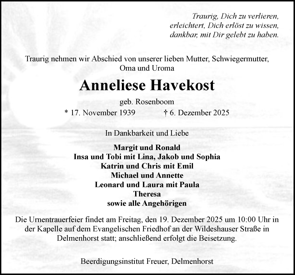 Traueranzeige für Anneliese Havekost vom 13.12.2025 aus DK Medien GmbH & Co. KG