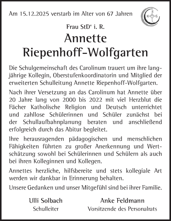 Traueranzeige von Annette Riepenhoff-Wolfgarten von Neue Osnabrücker Zeitung GmbH & Co. KG