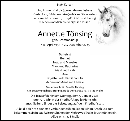 Traueranzeige von Annette Tönsing von Neue Osnabrücker Zeitung GmbH & Co. KG