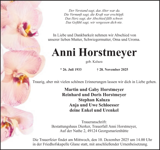 Traueranzeige von Anni Horstmeyer von Neue Osnabrücker Zeitung GmbH & Co. KG