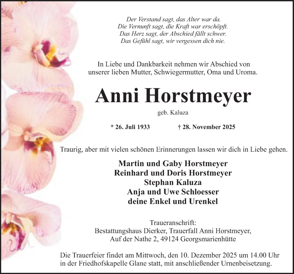 Traueranzeige für Anni Horstmeyer vom 06.12.2025 aus Neue Osnabrücker Zeitung GmbH & Co. KG