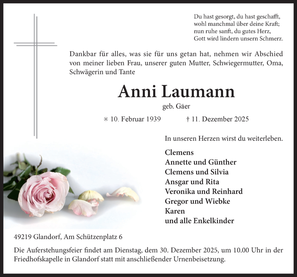  Traueranzeige für Anni Laumann vom 20.12.2025 aus Neue Osnabrücker Zeitung GmbH & Co. KG