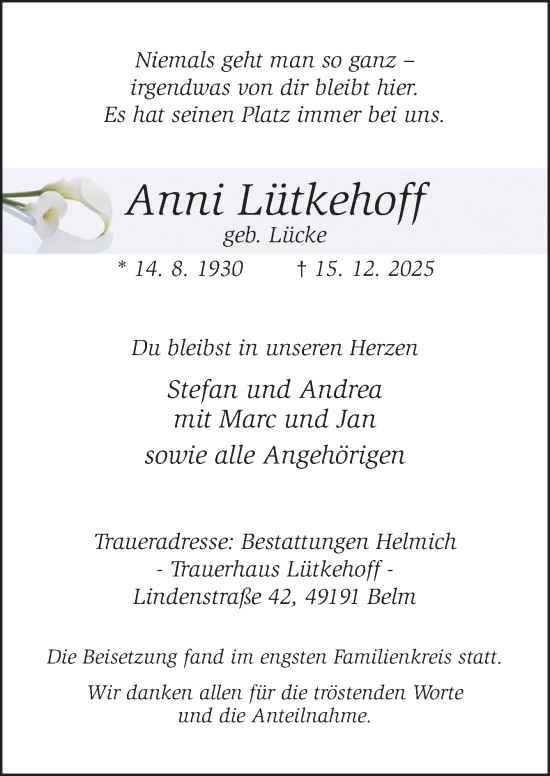 Traueranzeige von Anni Lütkehoff von Neue Osnabrücker Zeitung GmbH & Co. KG