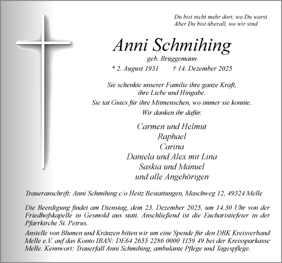 Traueranzeige von Anni Schmihing von Neue Osnabrücker Zeitung GmbH & Co. KG