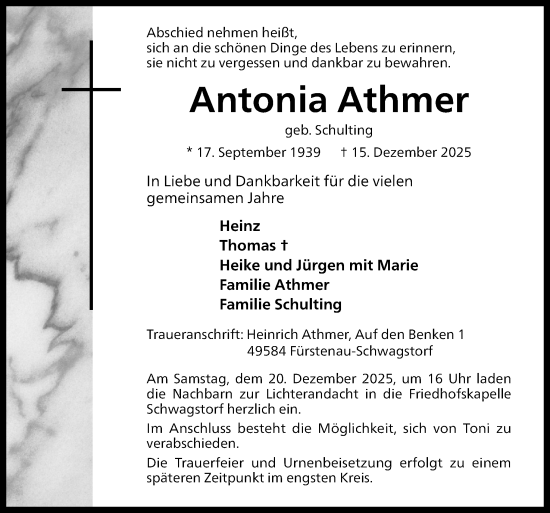 Traueranzeige von Antonia Athmer von Neue Osnabrücker Zeitung GmbH & Co. KG