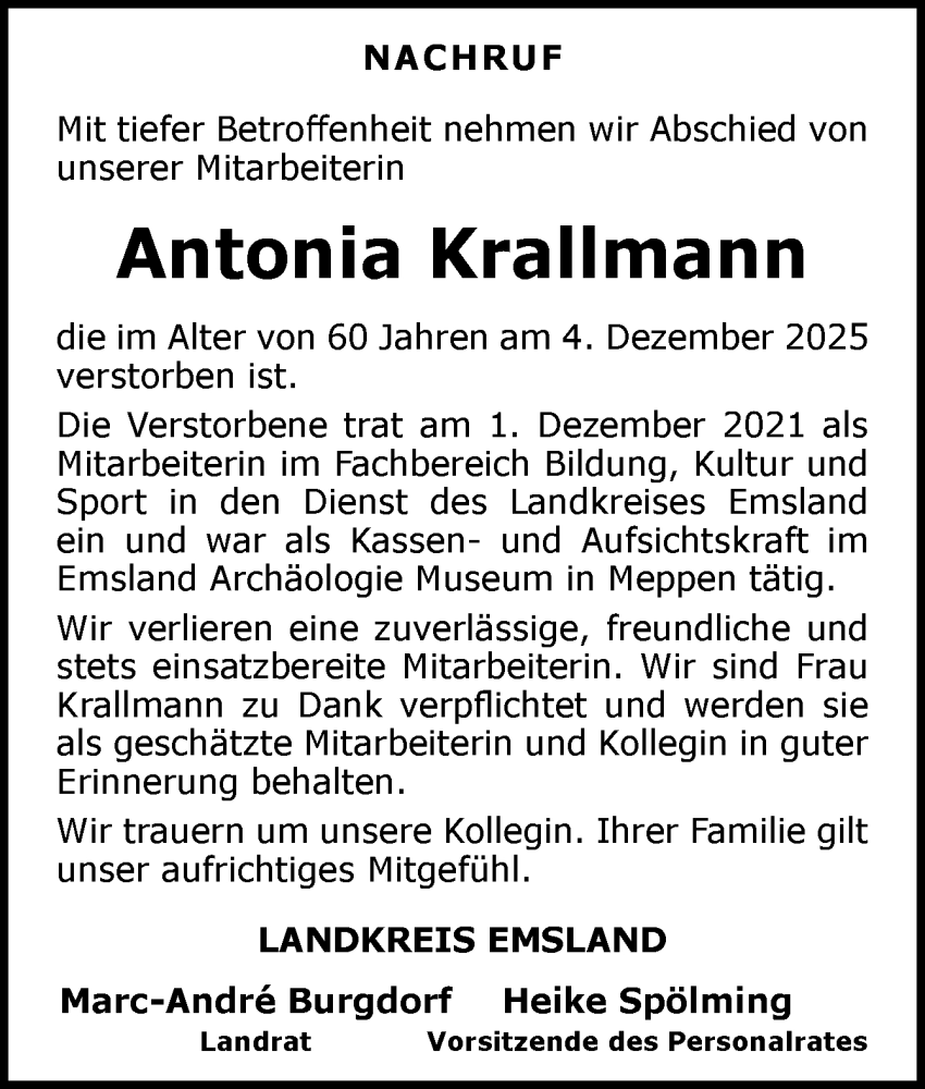 Traueranzeige für Antonia Krallmann vom 09.12.2025 aus Neue Osnabrücker Zeitung GmbH & Co. KG