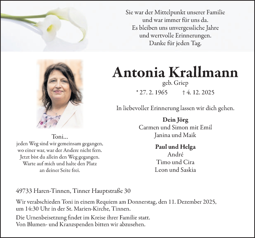  Traueranzeige für Antonia Krallmann vom 08.12.2025 aus Neue Osnabrücker Zeitung GmbH & Co. KG
